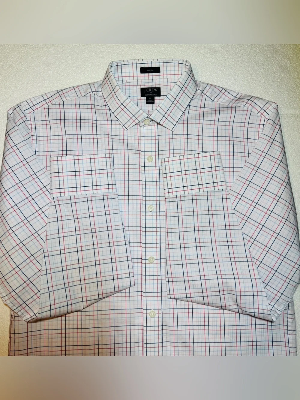 J. Crew Performance Slim Men’s White Shirt with Blue and Red Windowpane Check